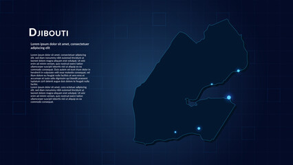 Obraz premium Map of Djibouti. Neon lights on dark background highlighting the major cities.