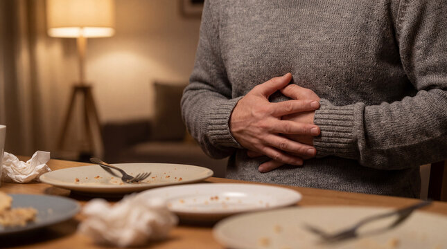 Man holding stomach suffering from indigestion and ache after eating a large meal at the table