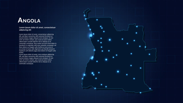 Map of Angola. Neon lights on dark background highlighting the major cities.