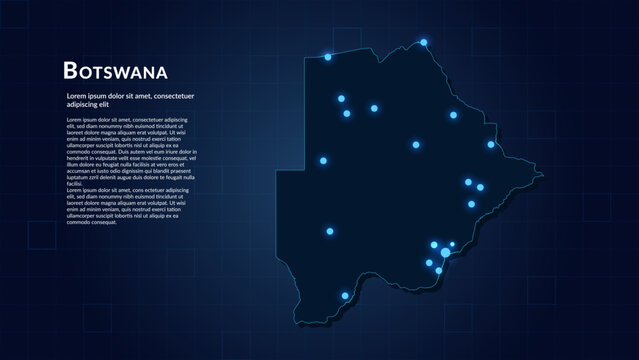 Map of Botswana. Neon lights on dark background highlighting the major cities.