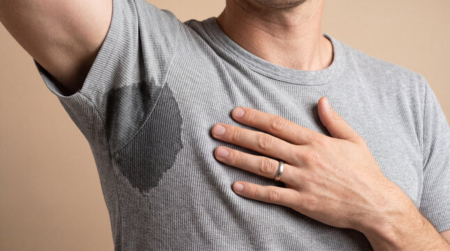 Man with hyperhidrosis sweating very badly under armpit in grey t-shirt