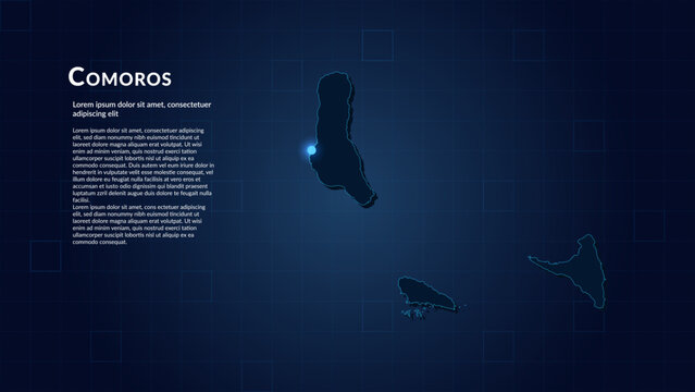 Map of Comoros. Neon lights on dark background highlighting the major cities.