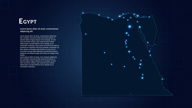 Map of Egypt. Neon lights on dark background highlighting the major cities.