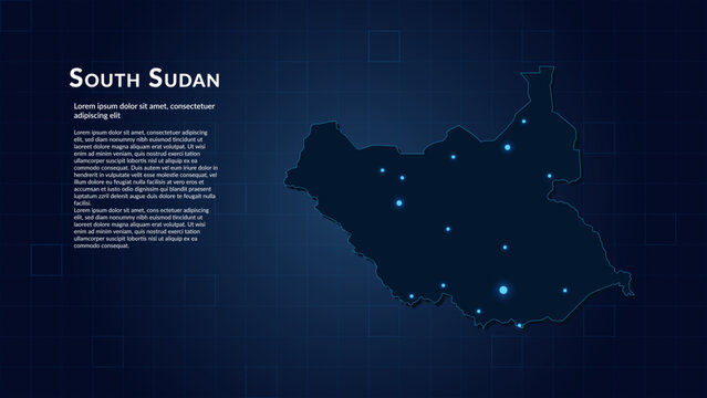 Map of South Sudan. Neon lights on dark background highlighting the major cities.