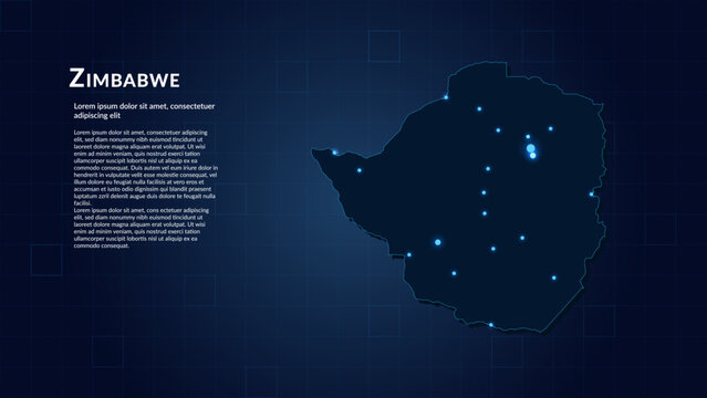 Map of Zimbabwe. Neon lights on dark background highlighting the major cities.