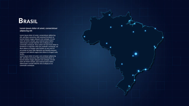 Map of Brasil. Neon lights on dark background highlighting the major cities.