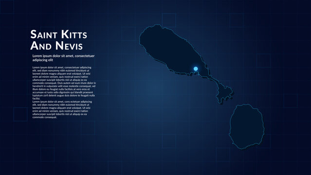 Map of Saint Kitts And Nevis. Neon lights on dark background highlighting the major cities.