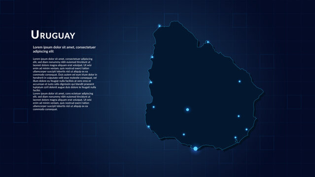 Map of Uruguay. Neon lights on dark background highlighting the major cities.