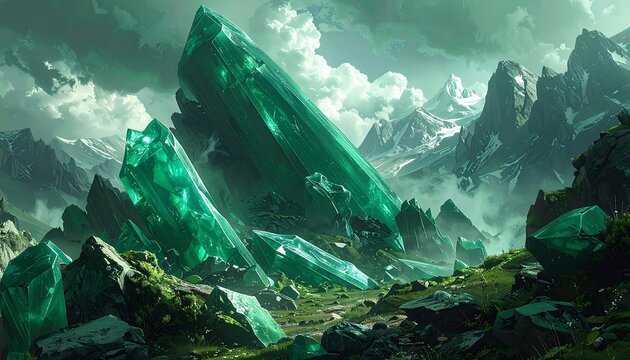 A fantasy landscape featuring a large, shattered green crystal formation in a rugged, mountainous terrain under a stormy sky