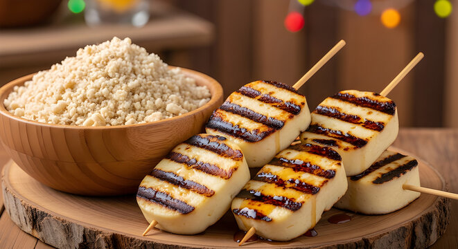 Traditional Brazilian Festa Junina Food: Grilled Queijo Coalho Skewers and Cuscuz on Wooden Table
