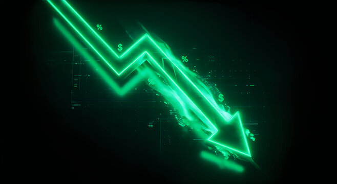 Glowing neon green downward arrow chart with floating dollar signs on a dark cyber background