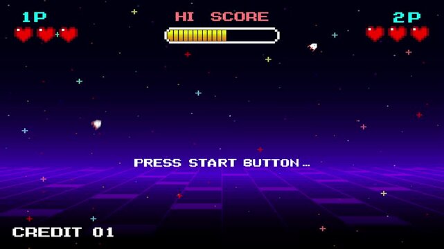 LEVEL UP. press start button. Synthwave wireframe net illustration. Retro Futurism Sci-Fi Background. glowing neon grid and stars from vintage arcade computer games