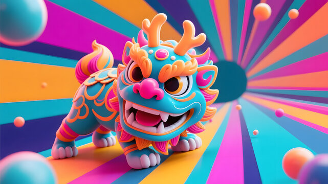 Stylized blue Chinese lion dance figure with pink and orange accents on colorful radial background