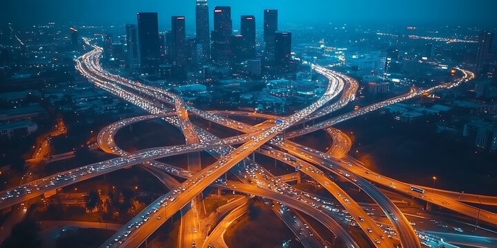 Aerial view of busy highway interchange at night with city skyline and glowing lights.