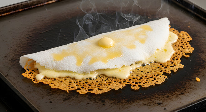 Steaming Tapioca Crepe with Crispy Melted Cheese on a Hot Griddle