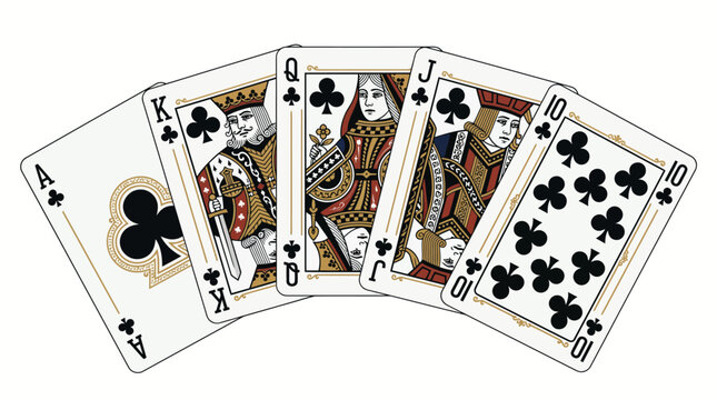 Royal Flush playing cards of clubs suit fanned out on a white background for poker gambling design