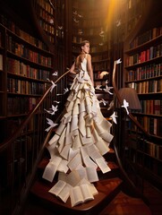 Naklejka premium A fashion model wearing a stunning dress made of book pages stands on a staircase in a grand library. The scene evokes creativity and imagination.