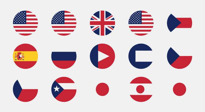 Vector set of round national flag buttons and icons representing the United States of America, USA, and other world countries like the UK, France, and Germany