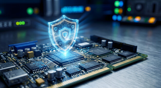 AI Cyber Security Shield on Circuit Board, Holographic Data Protection Concept for Premium Tech Advertising