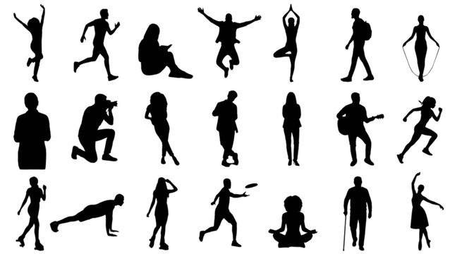 Set of diverse silhouette people icons in various dynamic poses isolated on transparent background, Vector