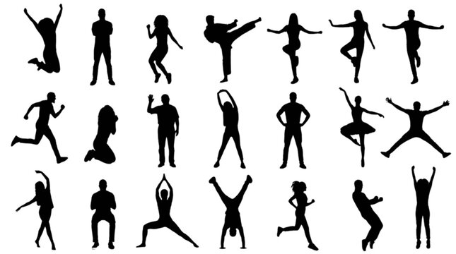 Set of diverse silhouettes showing dynamic human poses and movements isolated on transparent background, Vector