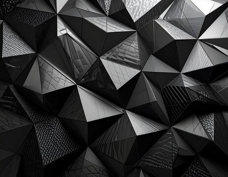 A geometric pattern of black and gray 3D triangles