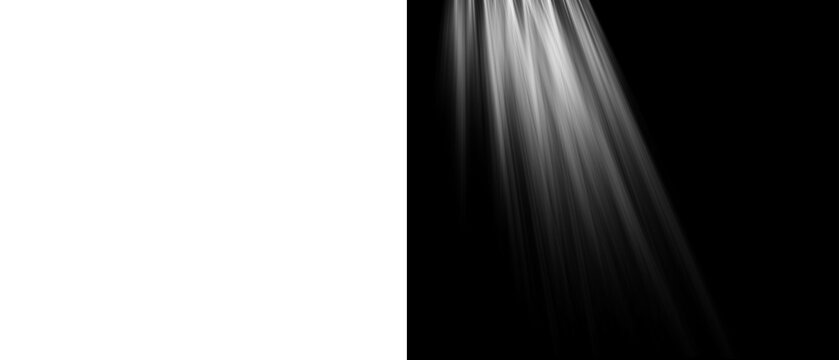 Dramatic sun rays on black background, ethereal light beams with alpha mask, cinematic volumetric lighting effect for photo editing and compositing