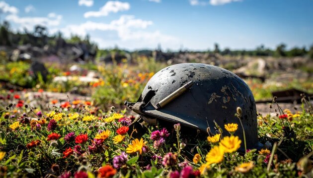 Discarded Military Helmet with Shell Casing Imprint Lies Among Blooming Wildflowers Under a Cloudy Sky