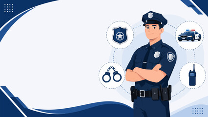 Police Officer and Equipment Illustration: A male police officer in uniform stands with arms crossed, surrounded by icons representing law enforcement tools like handcuffs, a police car, a badge. © Ahmed