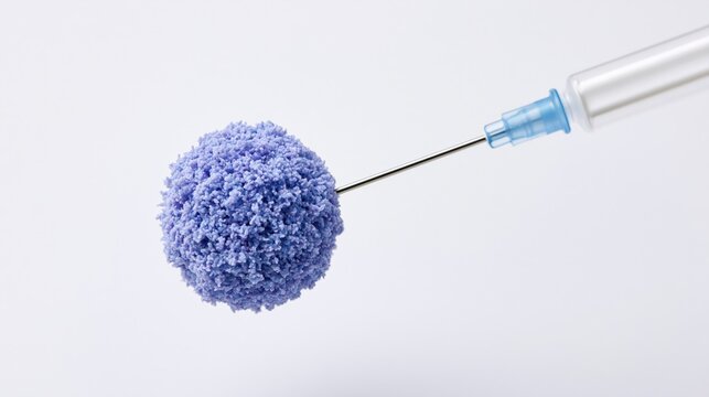 Syringe needle piercing spherical textured blue particle model