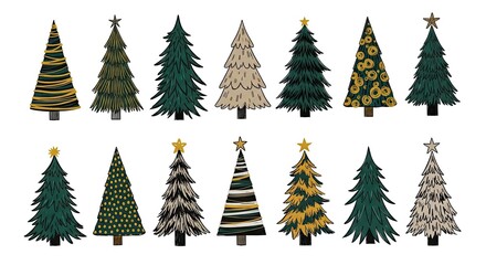 Obraz premium Set of various hand drawn christmas tree illustrations on white background.