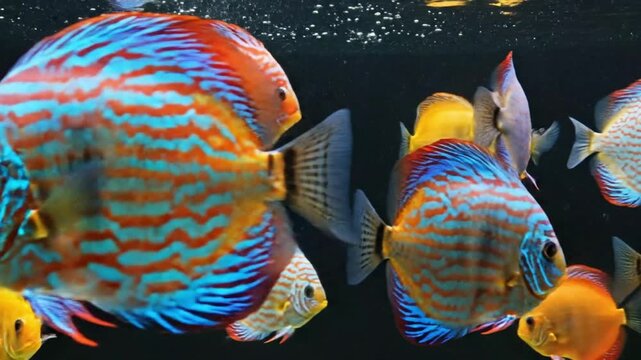 Colorful discus fish swimming together inside dark fresh water aquarium tank, beautiful exotic symphysodon tropical fish underwater nature background, vibrant domestic pet fish tank marine sealife 