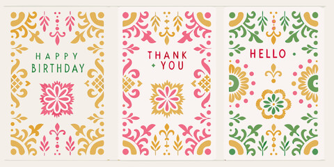 three floral greeting cards with colorful patterns © Sukla