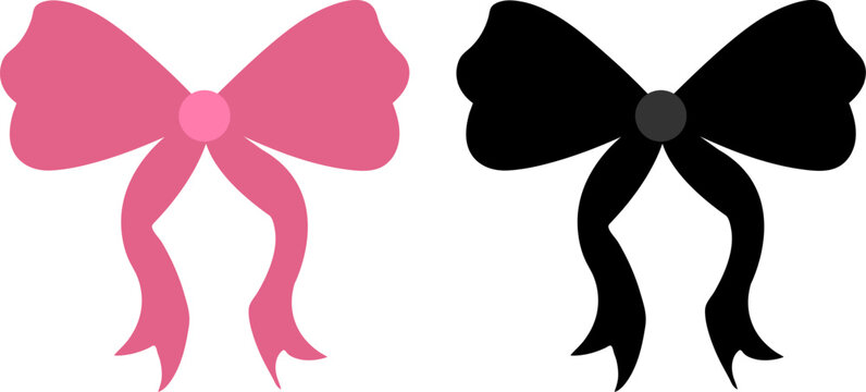 Pink and black flat vector ribbon bow icons with decoration, isolated