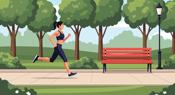 Active woman in athletic wear enjoys a morning run along a paved path in a green city park featuring trees, bushes, and a classic red park bench.