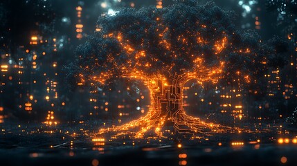Fototapeta premium Futuristic digital tree in cityscape