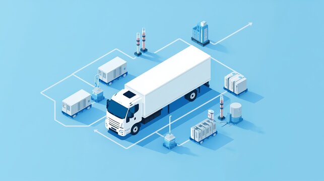 Modern pharmaceutical cold chain logistics illustration with truck and containers