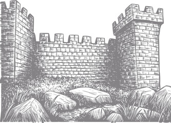 Of a medieval castle wall with crenellations and rocky foreground © simplevector