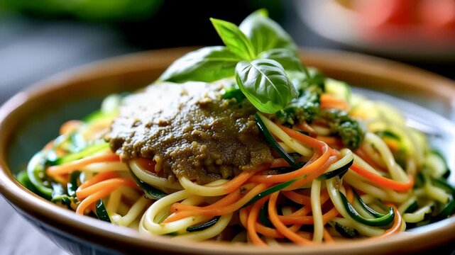Spiralized zucchini and carrot noodles with green pesto and basil in a bowl, ideal for healthy vegan food and fresh diet concepts