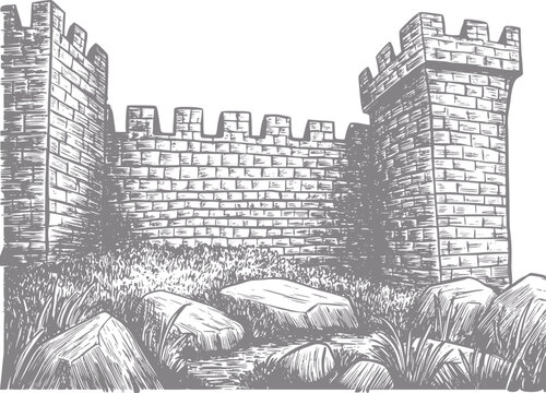 Of a medieval castle wall with crenellations and rocky foreground