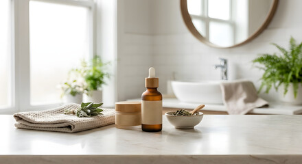 Fototapeta premium Minimalist bathroom counter mockup for skincare branding, blank amber dropper bottle and cream jar with copy space on marble tabletop, bright elegant wellness lifestyle product display background