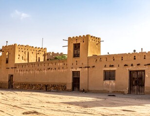 Fototapeta premium A desert fortress with tan walls and battlements under a blue sky