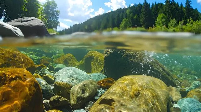 A split view showing the clear river water and the lush green forest landscape above