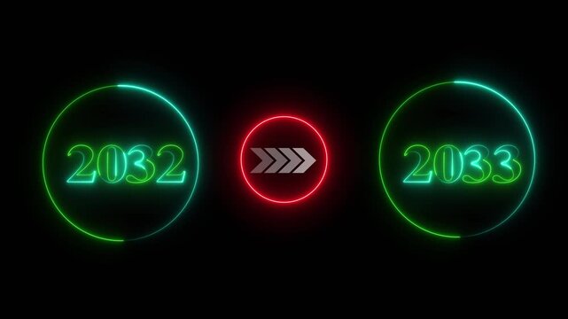 Neon 2032 to 2033 Transition Animation with Forward Arrow ,Neon numbers 2032 and 2033 connected by a dotted line arrow on a black background year future.