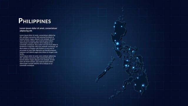 Map of Philippines. Neon lights on dark background highlighting the major cities.