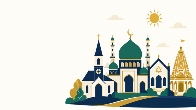 A tapestry of Faiths: An artistic depiction showcasing a harmonious blend of religious architecture, including a mosque, church, and temple, symbolizing unity and peaceful coexistence.