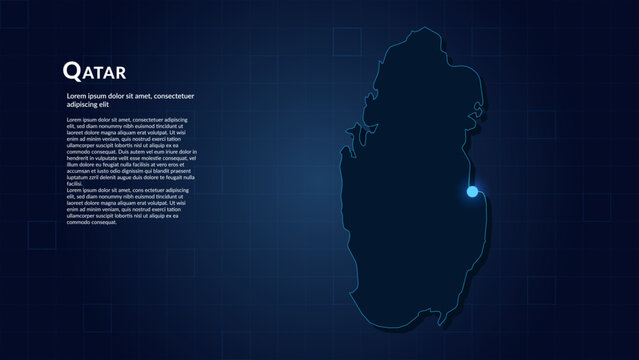 Map of Qatar. Neon lights on dark background highlighting the major cities.