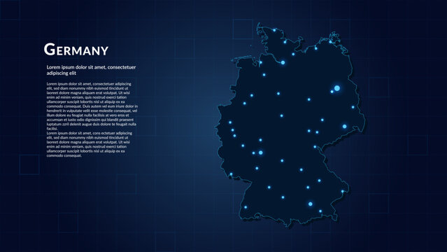Map of Germany. Neon lights on dark background highlighting the major cities.