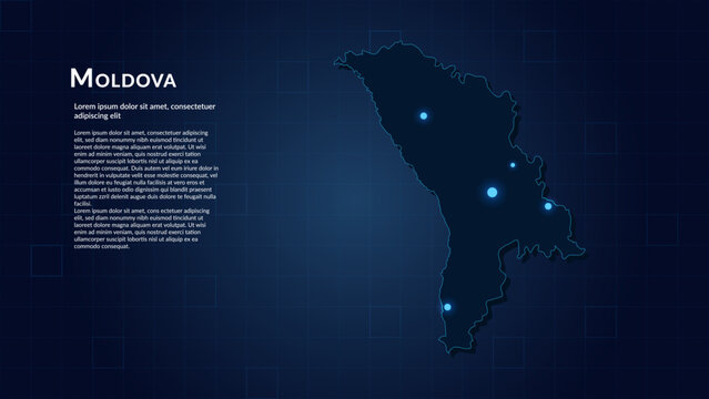 Map of Moldova. Neon lights on dark background highlighting the major cities.