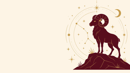 Aries Constellation Symbol: A striking ram silhouette, representing Aries, stands proudly atop a rocky outcrop, adorned with celestial symbols and constellation lines. © Ahmed